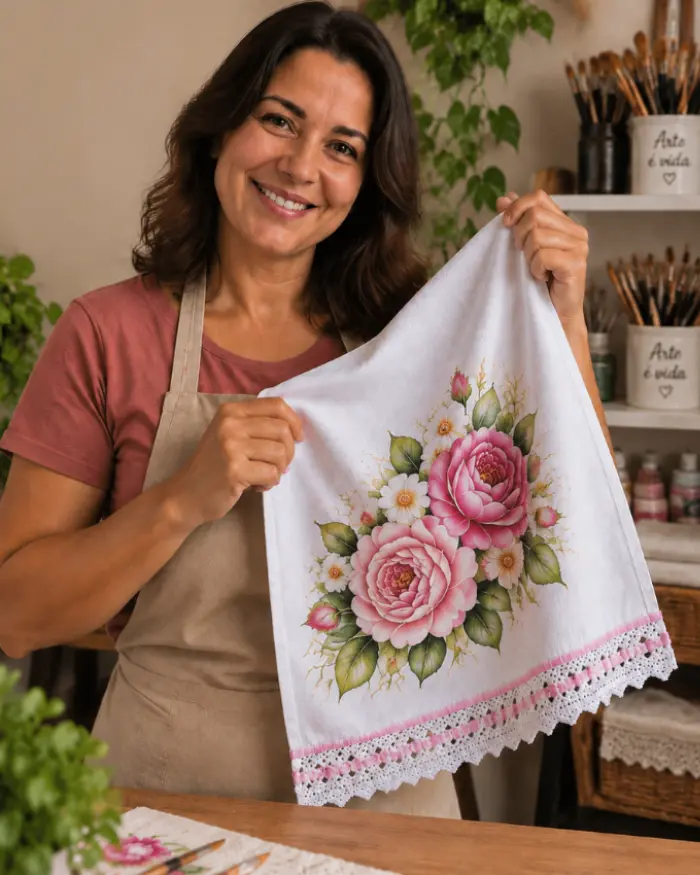 Criadora da coleção segurando um pano de prato pintado