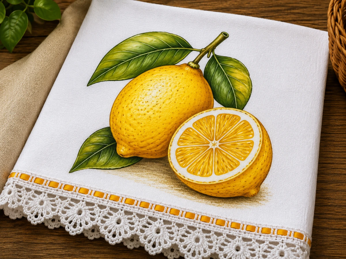 Pano de prato finalizado com o mesmo desenho pintado