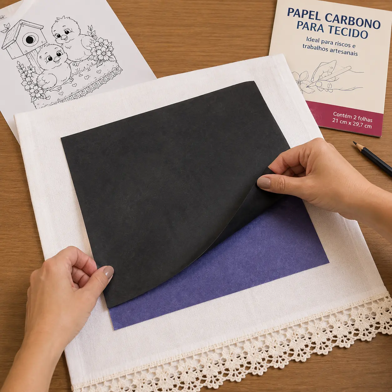 Papel carbono próprio para tecido posicionado sobre o pano de prato